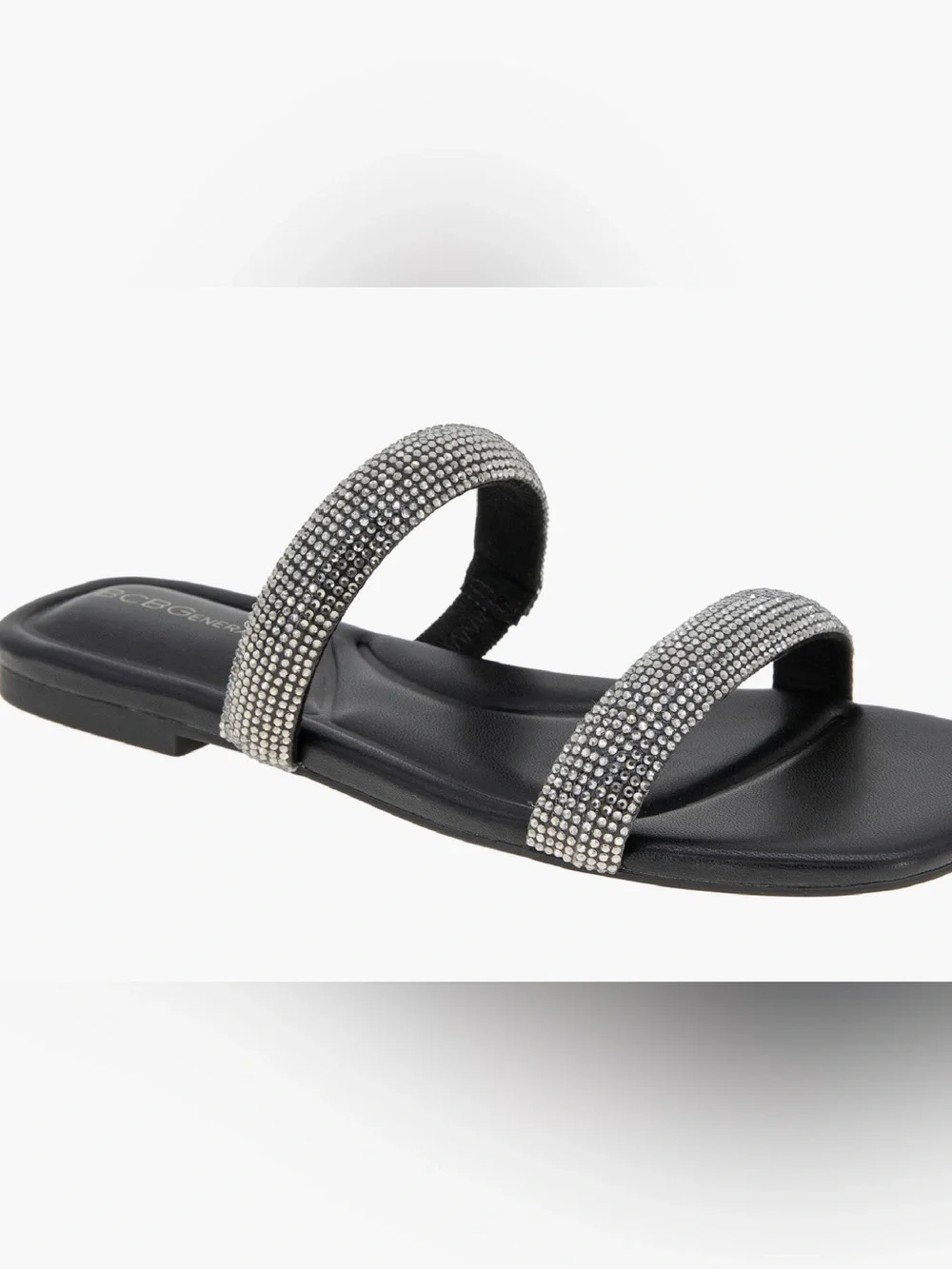 BCBGeneration Black Slide Sandals with Silver Crystal Straps